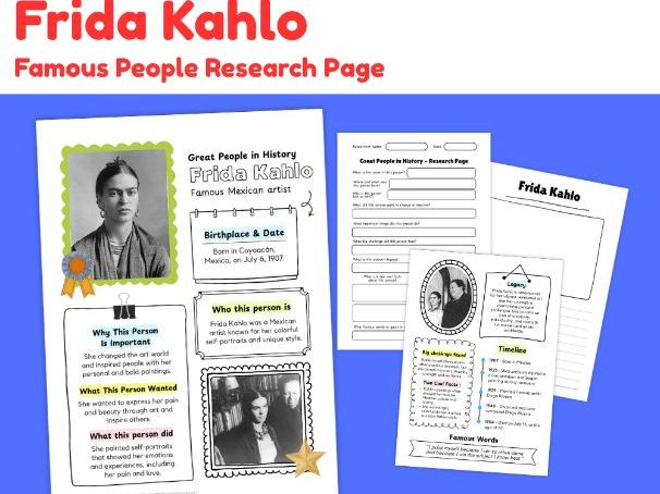 Frida Kahlo Biography Research Project | Famous Artist Worksheets