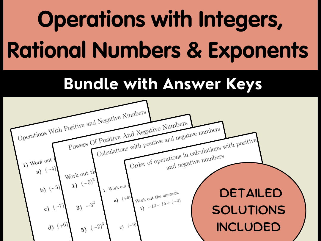 Operations with Integers, Rational Numbers & Exponents Bundle with Answer Keys