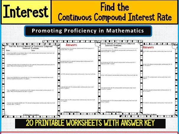 Find the Interest rate in Contineous Compound Interest Rate Problems Worksheets Math