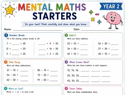 Year 2 Mental Maths Starters | KS1 Maths Starter Activities | Daily Maths Practice Worksheets