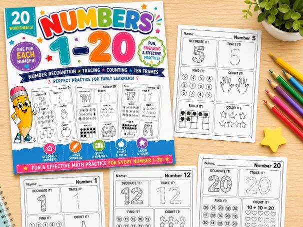 Numbers 1-20 Number Recognition & Tracing Worksheets