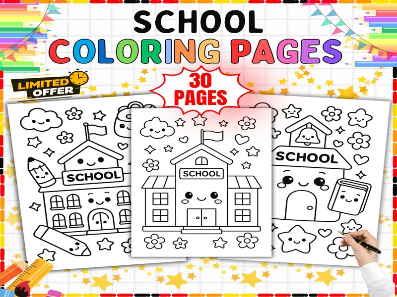 Back to School Coloring Sheets | 30 Page Coloring Sheets | Schoolhouses Books and Pencils