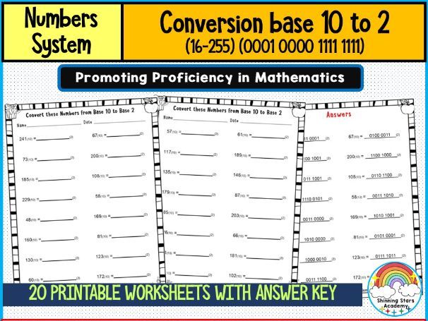 Conversion Base 10 to 2 (16–255) Number System Worksheets Decimal to Binary Conversion Practice