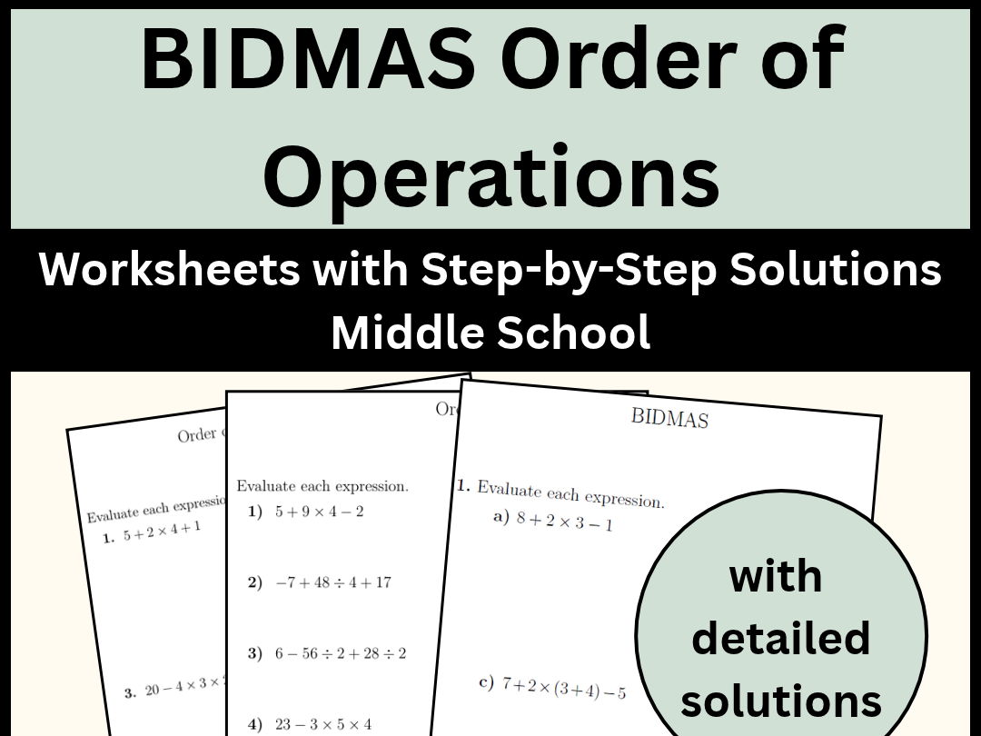 BIDMAS Order of Operations Worksheets with Step-by-Step Solutions Middle School