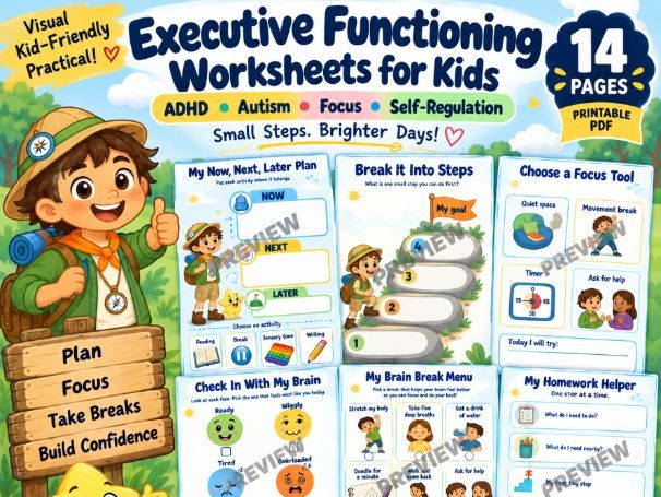 Executive Functioning Worksheets for Kids ADHD, Autism, Focus Self-Regulation