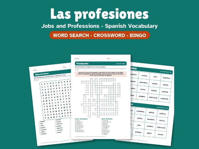 Jobs and Professions in Spanish: Word Search, Crossword & Bingo