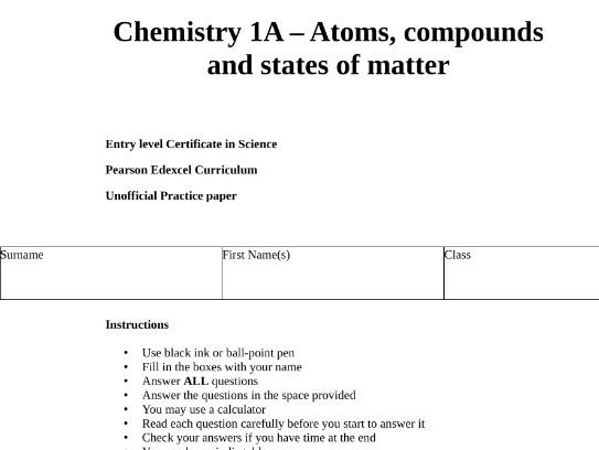 Science ELC Chemistry 1A - Atoms, Compounds and States of Matter Practice Paper