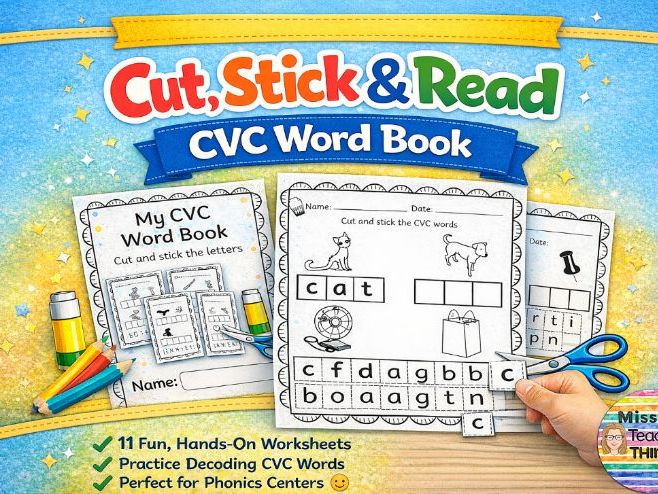 Cut stick and read CVC words book - phonics, RWI set 1 sounds, decoding and blending practice
