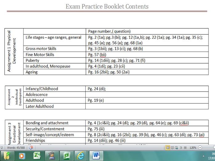 BTEC Level 2 - Human Lifespan Development exam paper content sheet for booklet