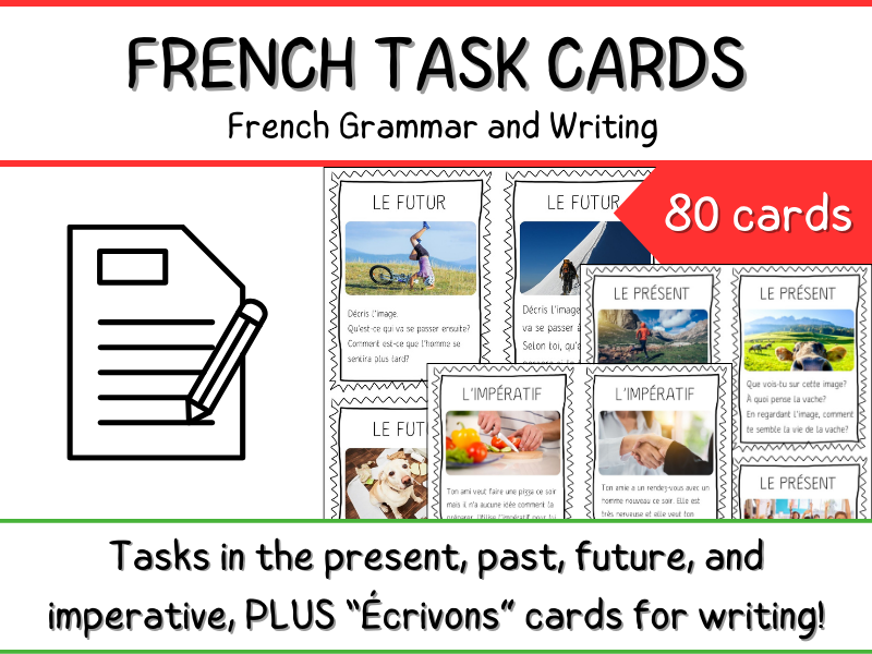 French Task Cards (x 80) with Pictures - 4 Verb Tenses + Set of Writing Topics