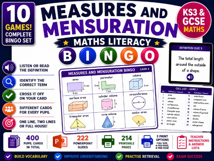 Measures and Mensuration Maths Literacy Bingo | KS3 & GCSE Vocabulary | 10 Games