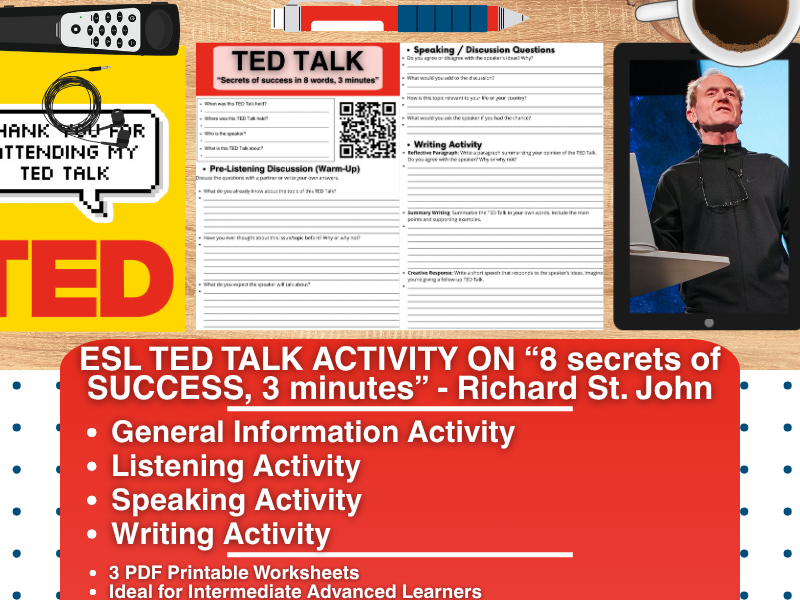 ESL TED Talk Activity Worksheets - 8 secrets of Success - Richard St. John