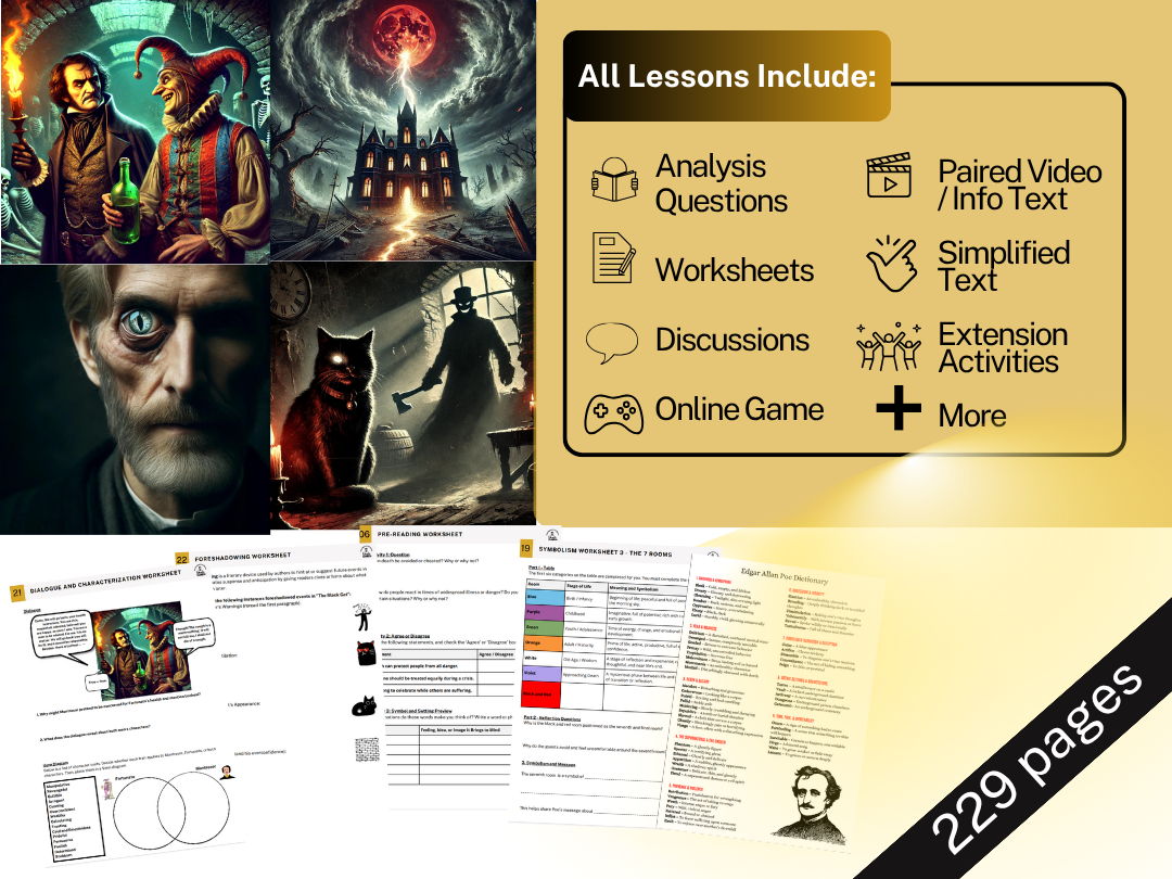 Edgar Allan Poe Bundle - 5 Short Stories - Writing - Worksheets - Simplified Texts