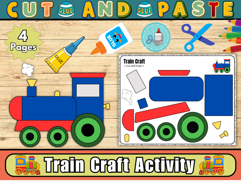 Train Craft Activity-Printable Cut and Paste Transportation Craft for Kids