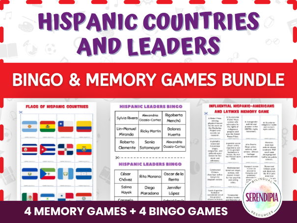 Hispanic Countries & Hispanic Leaders Bingo & Memory Games for 5th, 6th, 7th, 8th 9th Grades