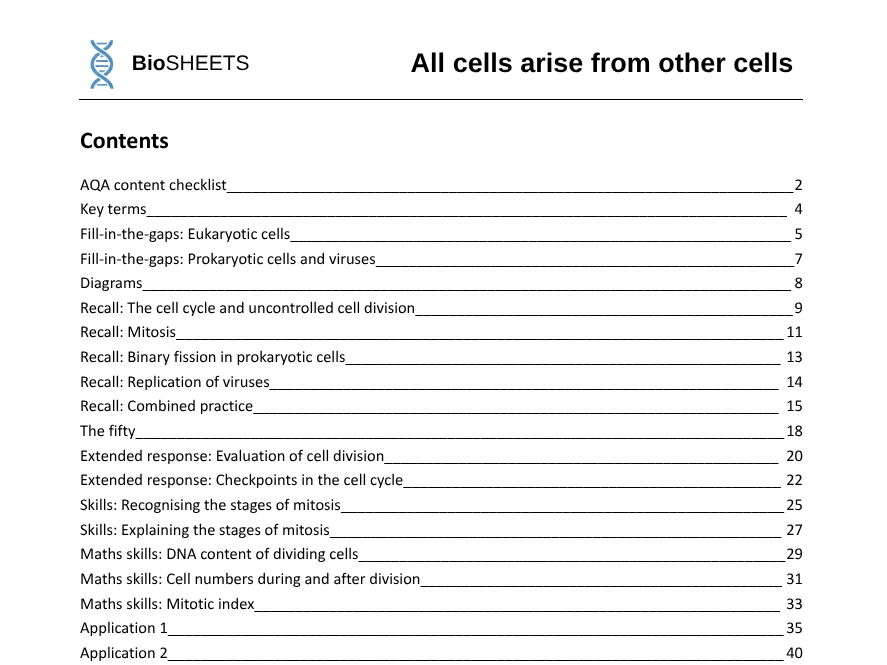 AQA A-Level Biology: 2.4 Cell division – BioSHEETS Complete Study & Practice Pack