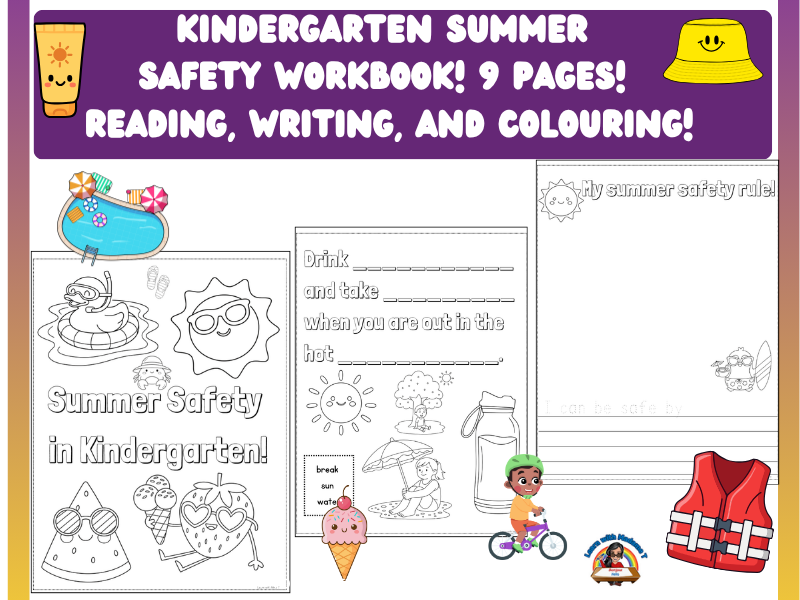 Kindergarten Summer Safety Workbook | Coloring Pages, Writing Prompts & more!