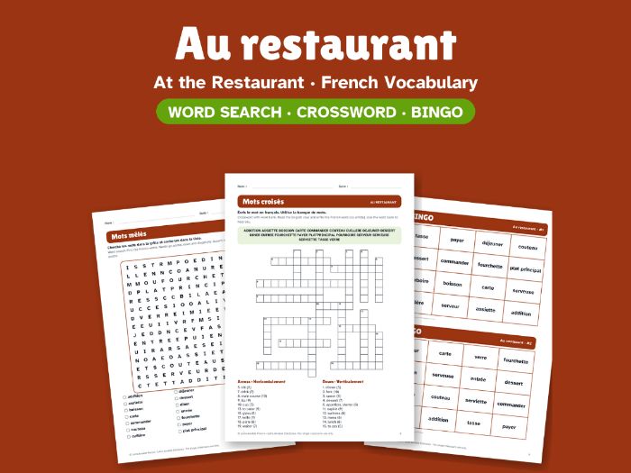 At the Restaurant in French: Word Search, Crossword & Bingo