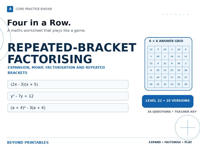 Repeated-Bracket Factorising Four in a Row | (2x - 3)(x + 5) : Level 22 | 10 Maths Games