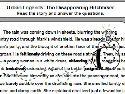 Urban Legend The Disappearing Hitchhiker Comprehension Worksheet