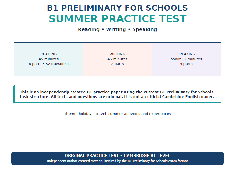 Summer B1 Preliminary Practice ����Vlogt | Reading, Writing, Speaking & Grammar + Answer Key