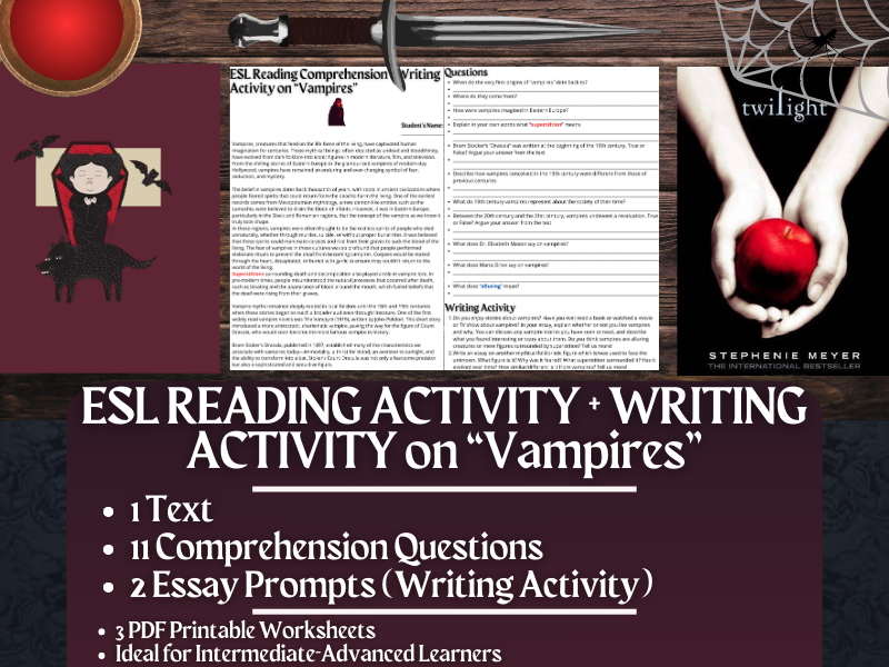 ESL Reading Comprehension + Writing Activity Worksheets on Vampires