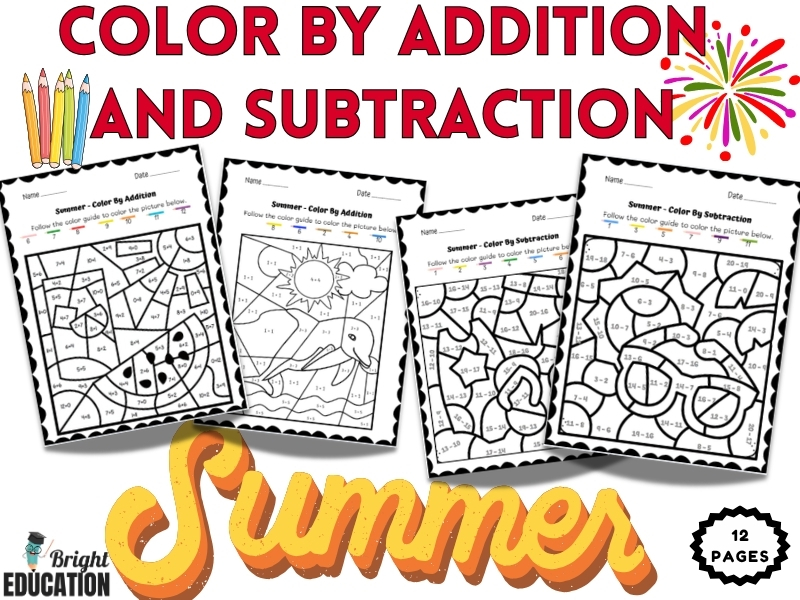 Summer Break Color by Addition and Subtraction – Math Coloring Sheets