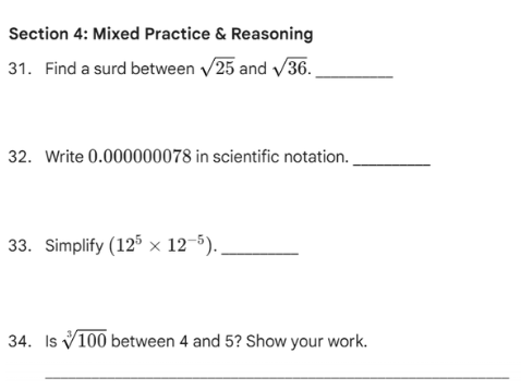 Irrational Numbers, Standard Form, and Index Laws worksheet.