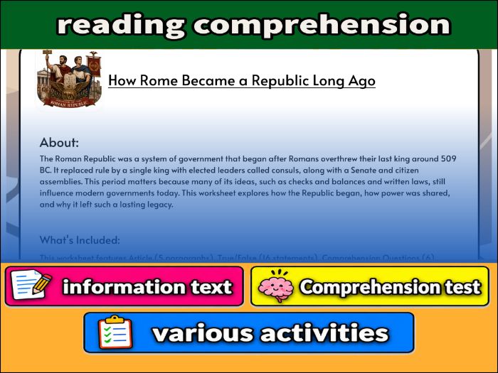 How Rome Became a Republic Long Ago- Reading Comprehension & Activities