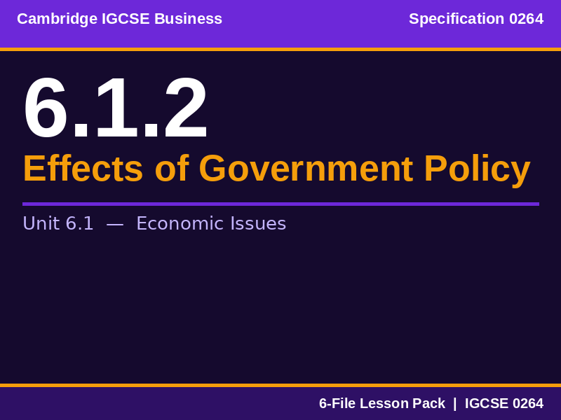 Cambridge IGCSE Business 0264 | 6.1.2 Effects of Government Policy | Lesson Pack