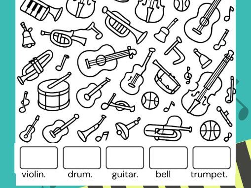Musical Instruments I Spy Counting and Colouring Worksheet