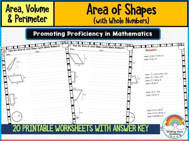Find the Area of Each Shape (with Whole Numbers) – Worksheets & Practice Activities