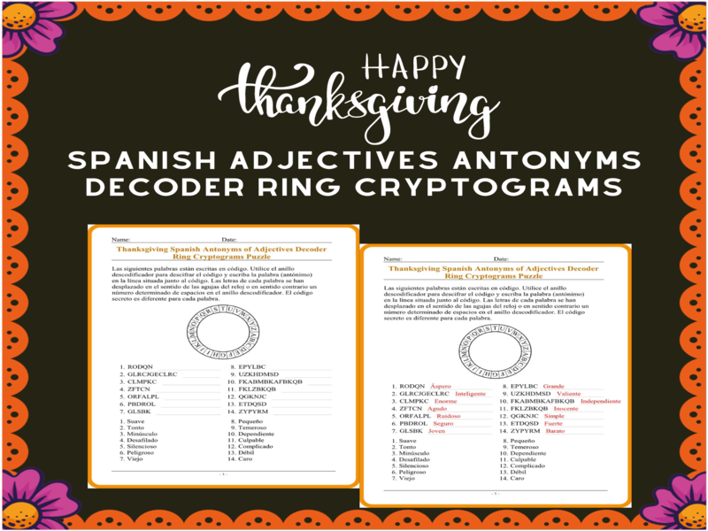 Spanish Spy Challenge! Thanksgiving Adjective Antonyms Decoder Puzzle