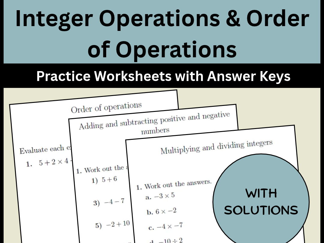 Integer Operations & Order of Operations Practice Worksheets with Answer Keys
