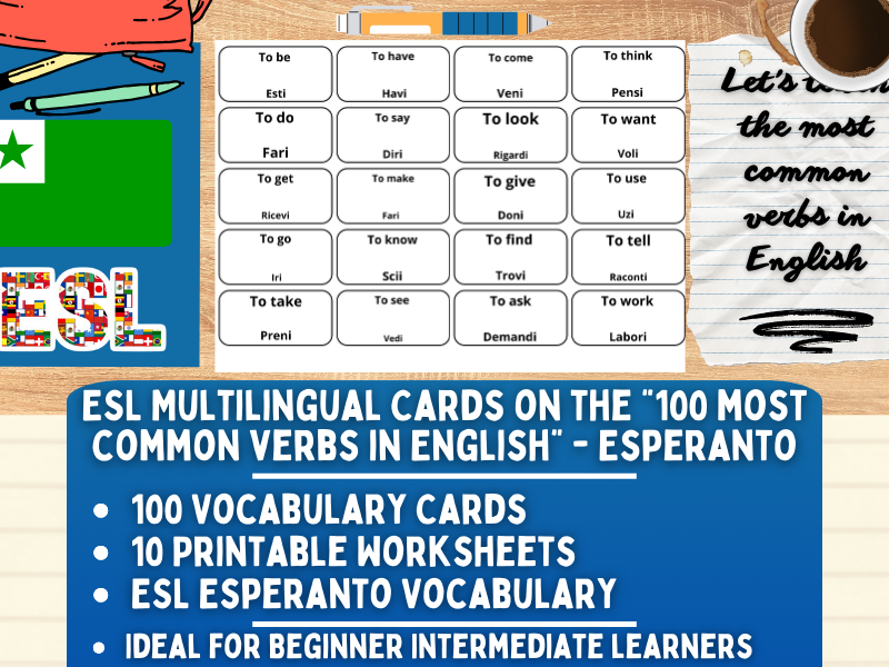 ESL Multilingual Vocabulary Flashcards - 100 most common verbs - Esperanto