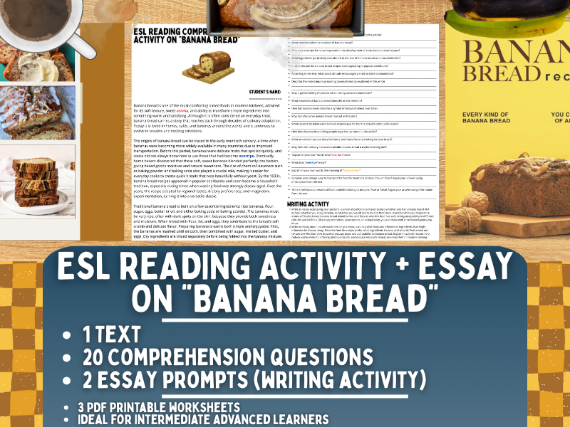 ESL Reading Comprehension + Writing Activity Worksheets - Banana Bread