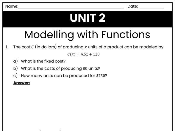IB Math AI Worksheet 2.5 - Modelling with Functions