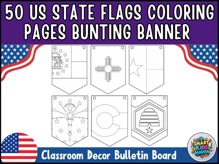 US State Flags Coloring Pages All 50 States Bunting Banner USA Geography Set 1