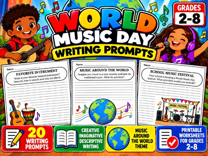 World Music Day Writing Prompts | 20 Printable Worksheets | Grades 2–8
