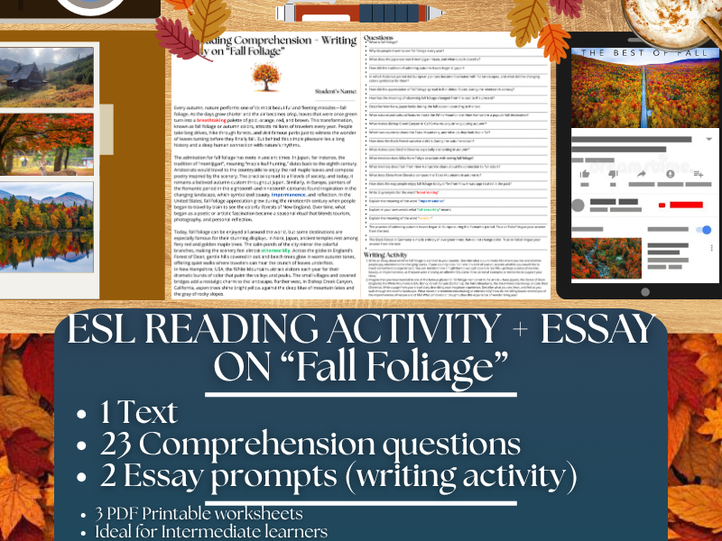 ESL Reading Comprehension + Writing Activity Worksheets - Fall Foliage