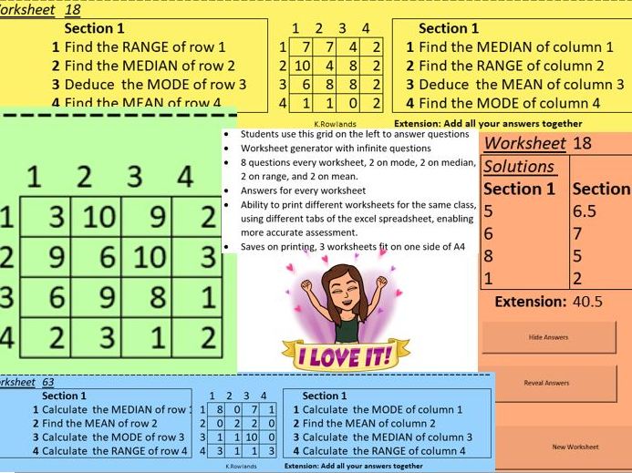 KS3 Mean, Median, Mode, Range Generator from a 4x4 Grid, Simple to use, Accessible, Solutions