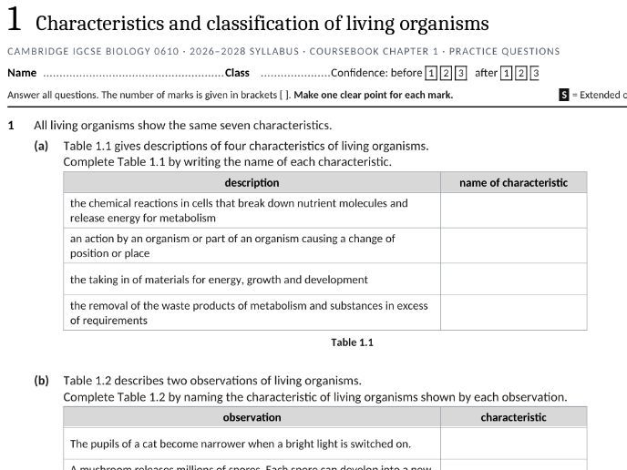 0610 IGCSE Biology Revision Question Set