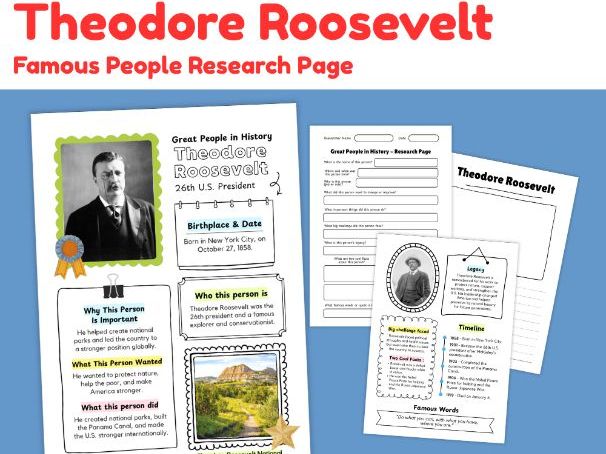 Theodore Roosevelt Biography Research Project | Famous People Worksheets