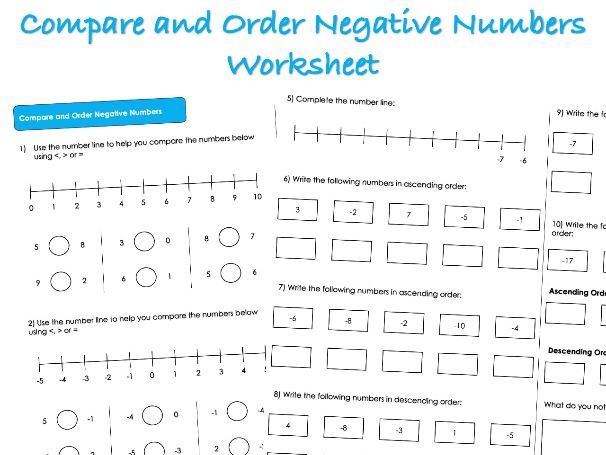Negative Numbers Worksheet - Compare and Order Negative Numbers