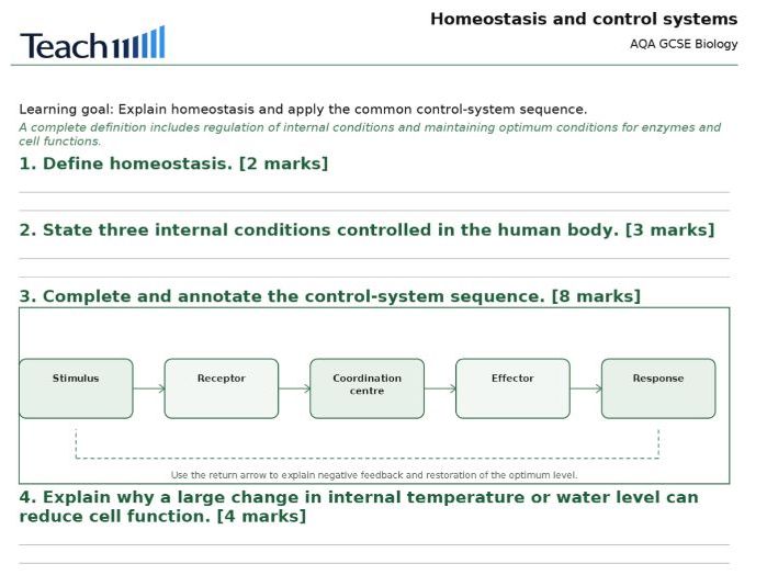 AQA GCSE Biology Homeostasis and Response Worksheets & Answers