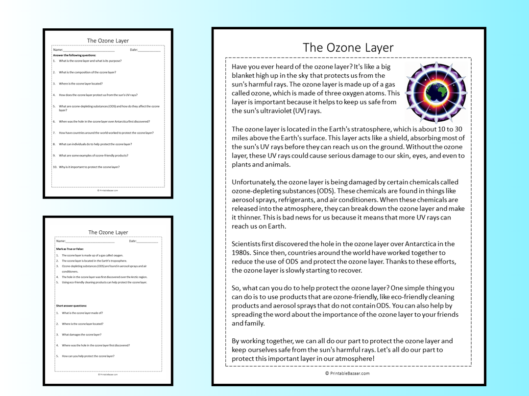 The Ozone Layer Reading Comprehension Passage Printable Worksheet ...