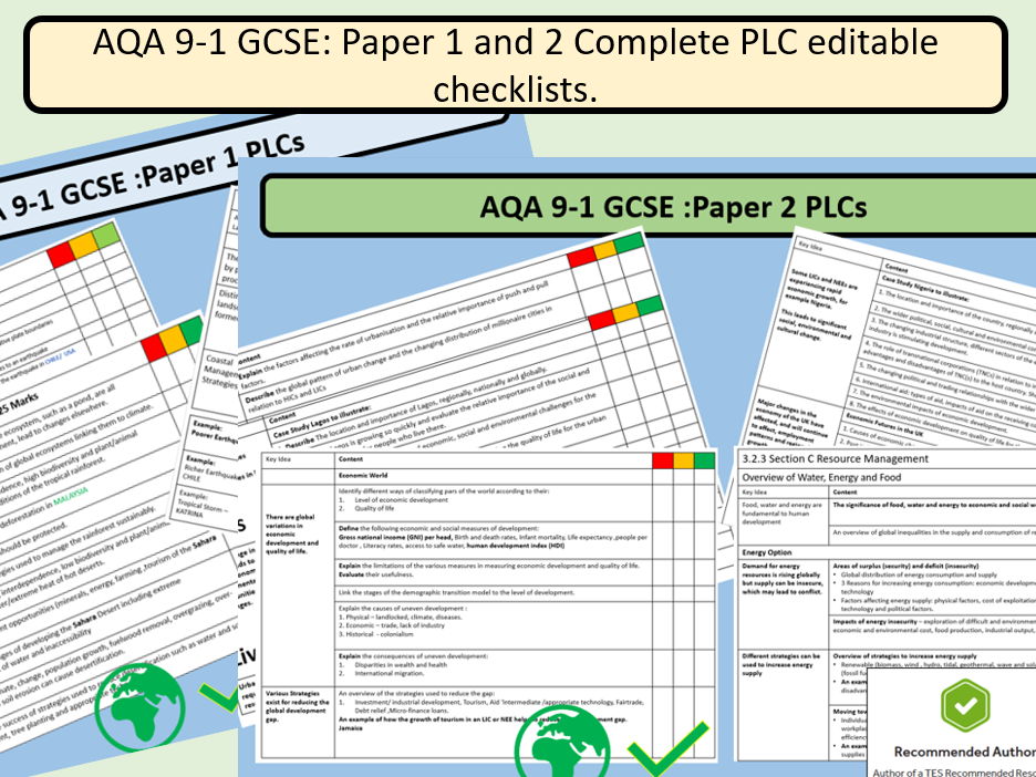 PLC Checking lists for Paper 1 and 2 AQA Geography - fully editable Bundle.