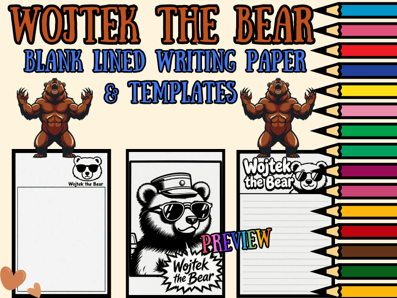 Wojtek the Bear Lined Writing Paper Templates + Coloring Page NO PREP Printable