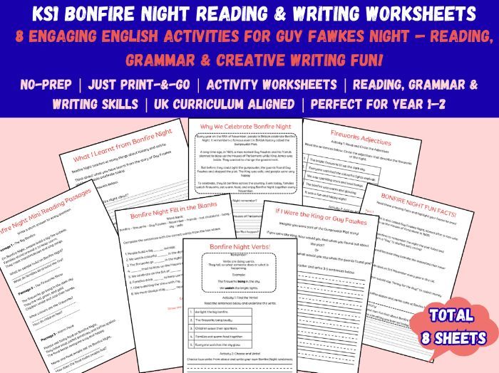 KS1 Bonfire Night Reading Comprehension & Writing Pack | 8 Activity/Literacy Sheets | no prep