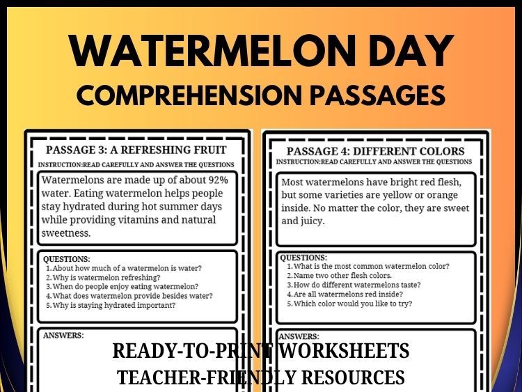 National Watermelon Day Reading Comprehension | 20 Passages, Questions & Answers | Grades 2–8